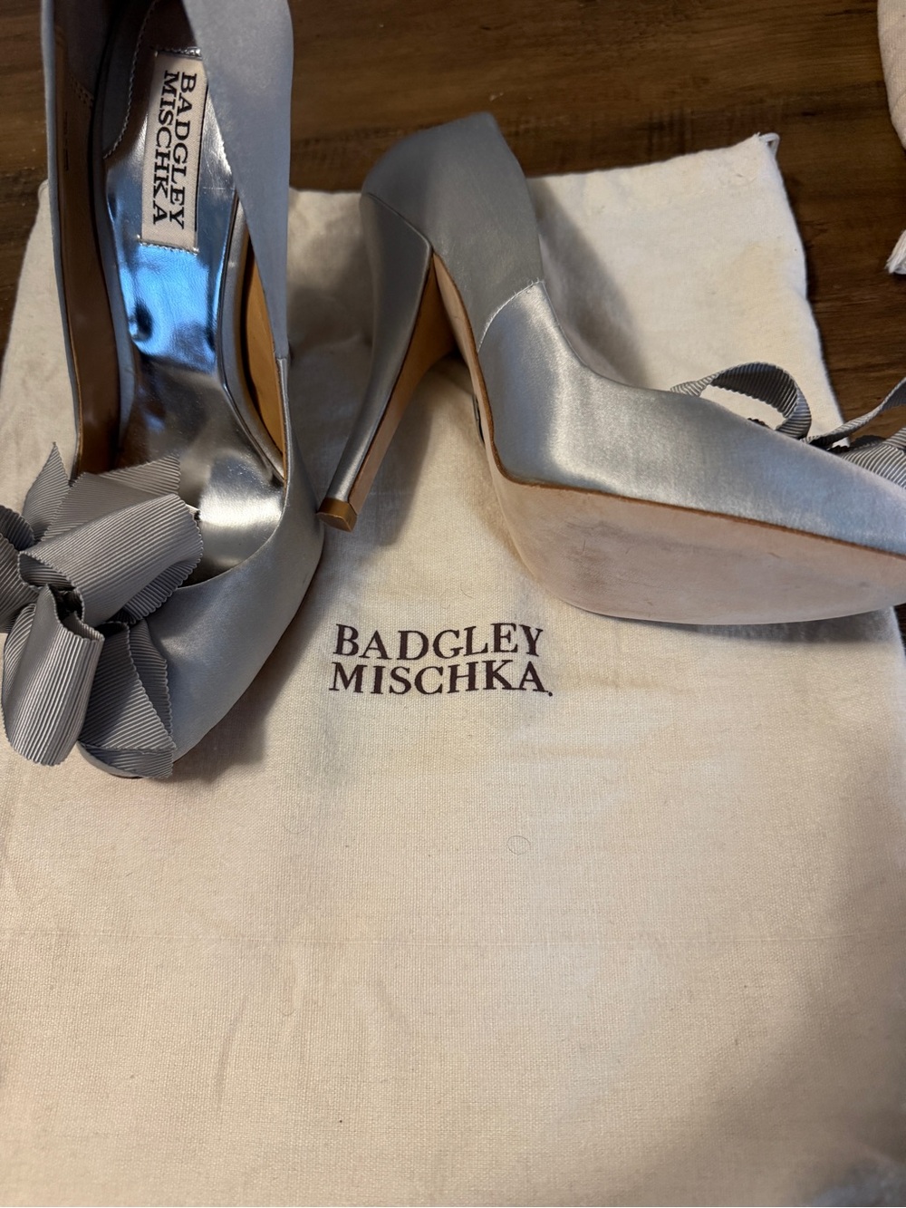 Badgley Mischka Silver Satin Bow Peep-Toe Stilettos